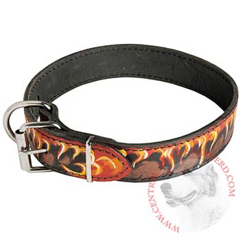 Buckle Leather Dog Collar with Fire Flames for Central Asian Shepherd