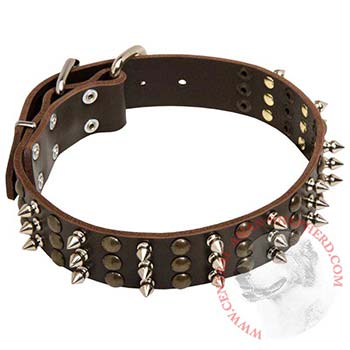 Central Asian Shepherd Handmade Leather Collar 3 Studs and Spikes Rows