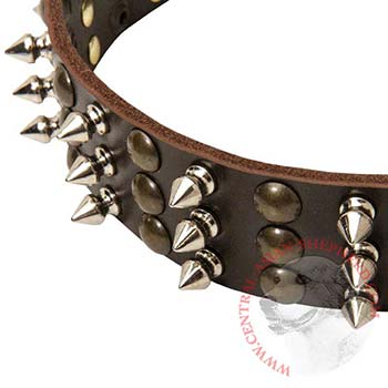 3 Rows of Spikes and Studs Decorative Central Asian Shepherd Leather Collar