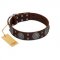 "Hypnotic Stones" FDT Artisan Brown Leather Central Asian Shepherd Collar with Chrome Plated Brooches and Square Studs