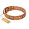 "Saucy Nature" FDT Artisan Tan Leather Central Asian Shepherd Collar with Old Bronze Look Plates and Skulls
