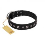 "Polar Lights" Designer FDT Artisan Black Leather Central Asian Shepherd Collar with Silver-Like Studs