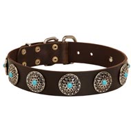 Leather Central Asian Shepherd Collar with Blue Stones for Stylish Walking