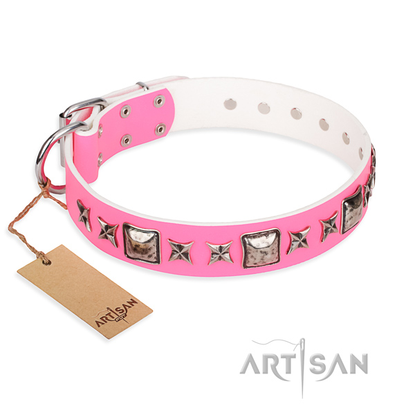 Genuine leather dog collar made of gentle to touch material with rust-proof D-ring
