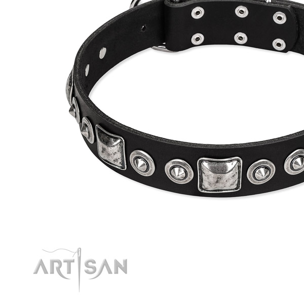 Full grain natural leather dog collar made of top rate material with adornments