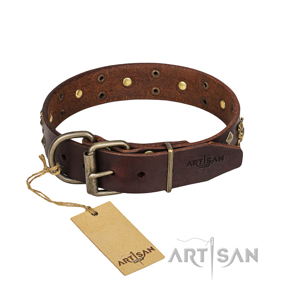 Daily use dog collar of durable full grain natural leather with studs