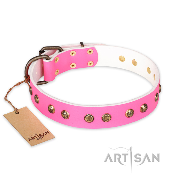 Adjustable genuine leather dog collar with rust-proof traditional buckle