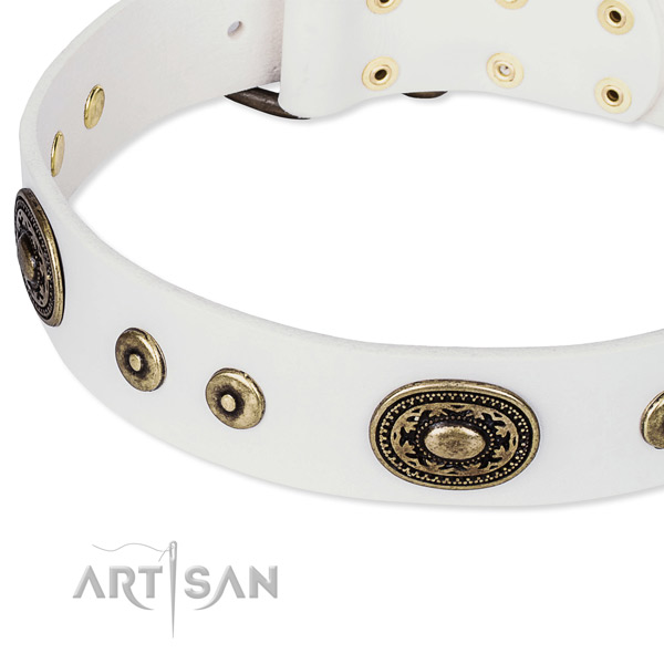 Natural genuine leather dog collar made of soft material with adornments