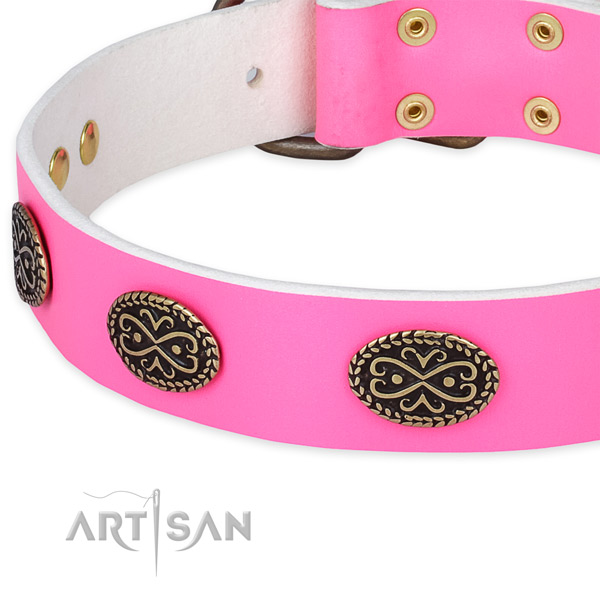 Natural genuine leather dog collar with studs for daily walking