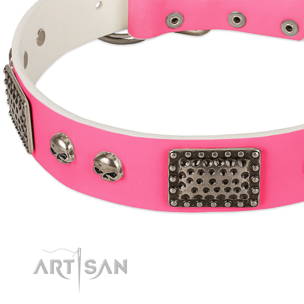 Corrosion resistant D-ring on genuine leather dog collar for your canine