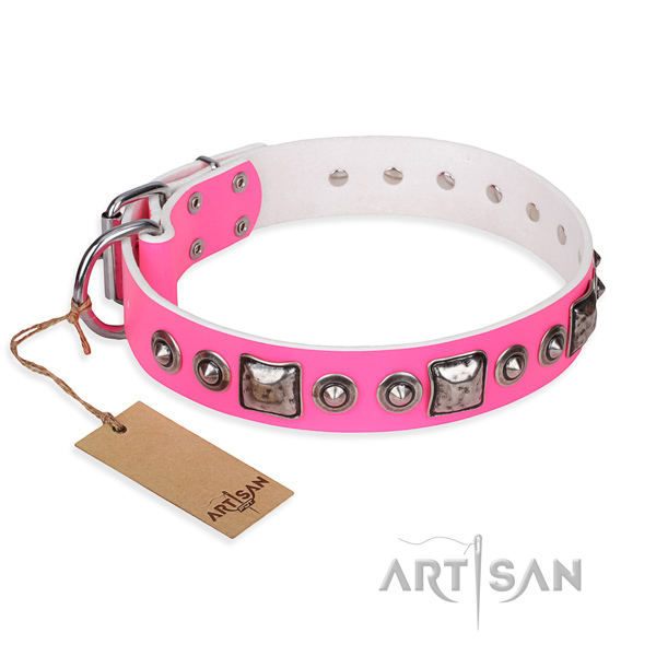 Natural genuine leather dog collar made of gentle to touch material with corrosion resistant hardware