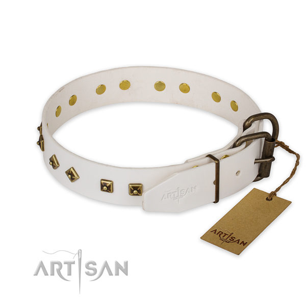 Durable D-ring on genuine leather collar for fancy walking your canine