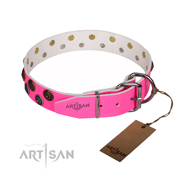 Handy use embellished dog collar of top notch full grain genuine leather