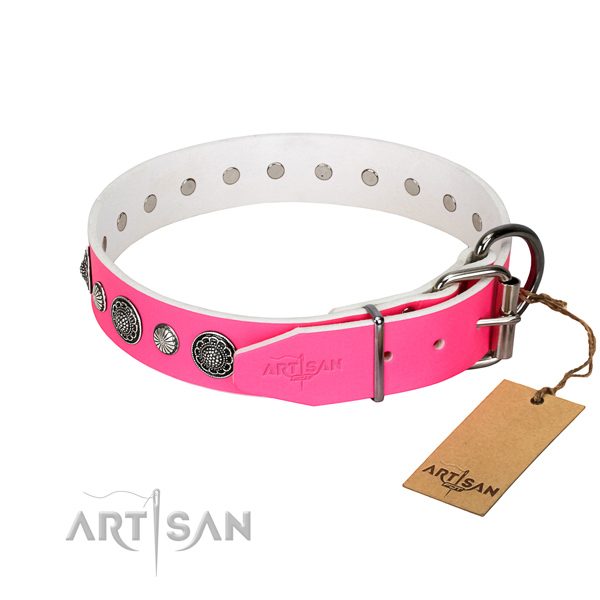 Gentle to touch natural leather dog collar with rust-proof D-ring