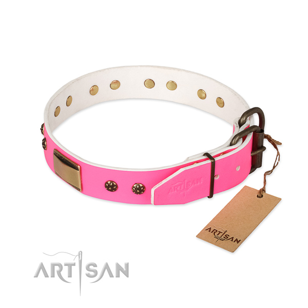 Natural genuine leather dog collar with corrosion proof traditional buckle and adornments