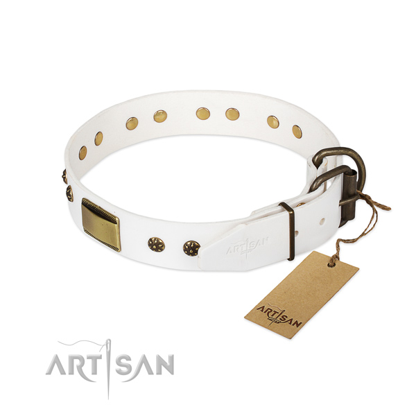 Genuine leather dog collar with corrosion proof traditional buckle and decorations