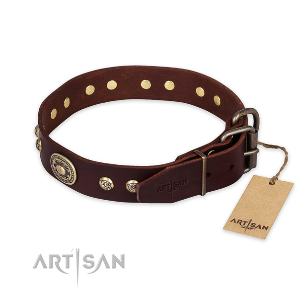 Strong buckle on full grain natural leather collar for daily walking your pet