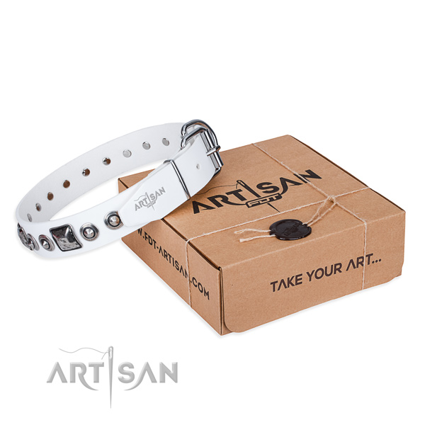 Natural genuine leather dog collar made of reliable material with strong hardware