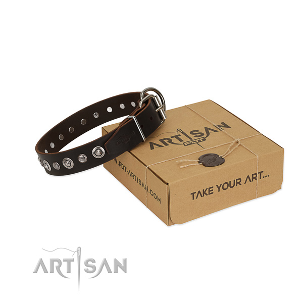 Finest quality full grain genuine leather dog collar with top notch decorations