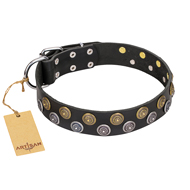 "Romantic Breeze" FDT Artisan Black Leather Central Asian Shepherd Collar with Sparkling Circles