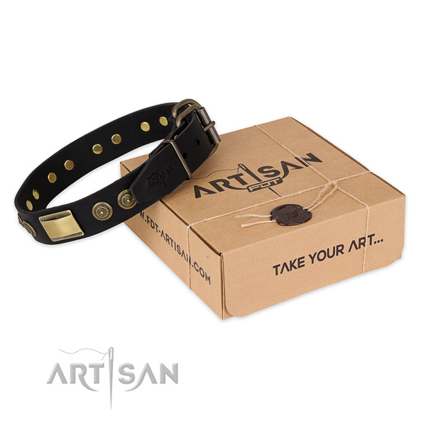 Rust resistant traditional buckle on genuine leather dog collar for fancy walking