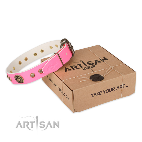 Corrosion resistant buckle on natural genuine leather dog collar for easy wearing