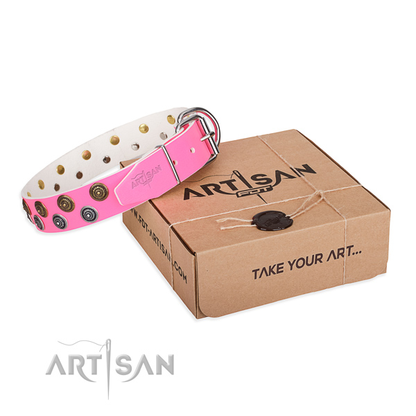 Easy wearing dog collar of finest quality genuine leather with adornments
