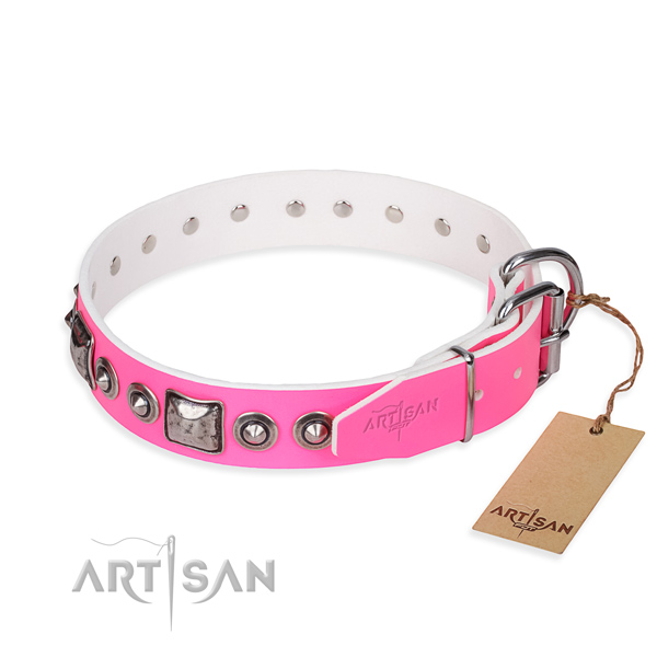 Strong natural genuine leather dog collar handmade for everyday walking