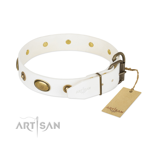 Durable D-ring on leather dog collar for your doggie