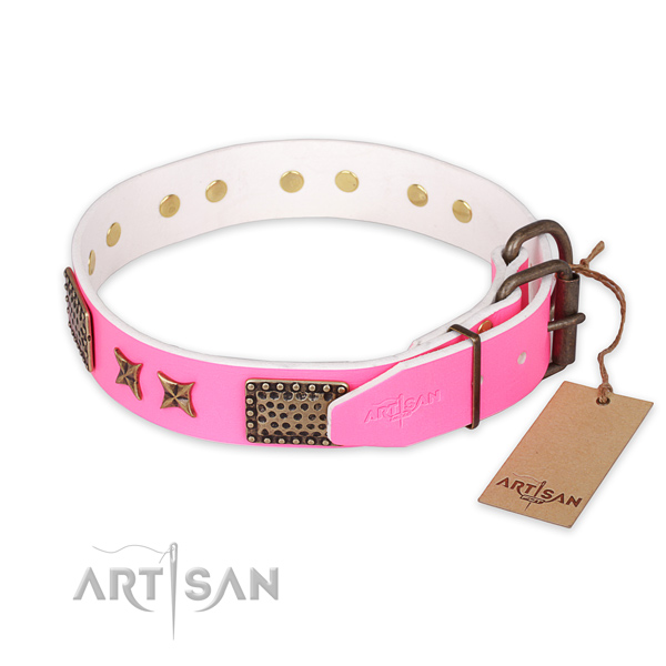 Corrosion resistant hardware on natural genuine leather collar for your beautiful canine