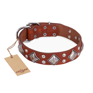 "Magic Squares" FDT Artisan Tan Leather Central Asian Shepherd Collar with Silver-like Decor