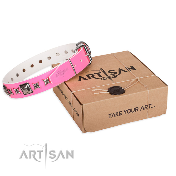Walking full grain natural leather dog collar with decorations