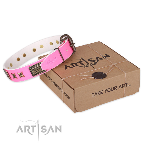 Durable hardware on full grain genuine leather collar for your attractive doggie