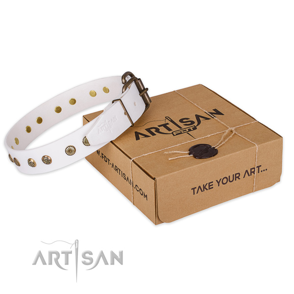 Reliable buckle on natural genuine leather collar for your beautiful doggie