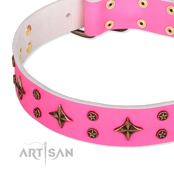 Easy wearing decorated dog collar of fine quality full grain leather