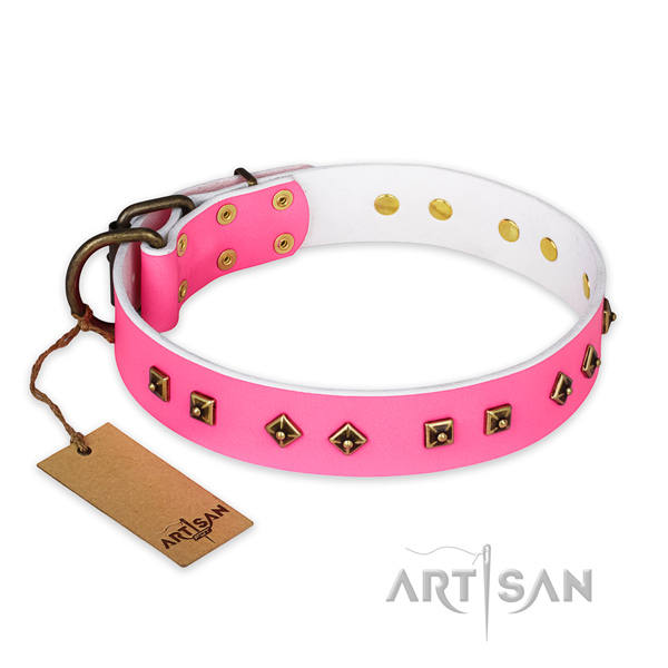 Unique genuine leather dog collar with corrosion resistant D-ring