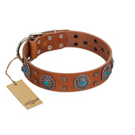 "Blue Sands" FDT Artisan Tan Leather Central Asian Shepherd Collar with Silver-like Studs and Round Conchos with Stones