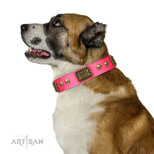 Durable D-ring on full grain genuine leather dog collar for comfortable wearing