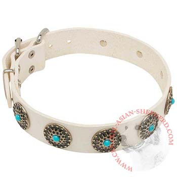 Leather Dog Collar White Exclusive for   Central Asian Shepherd Walking