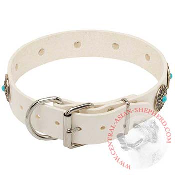 Leather   Central Asian Shepherd Collar White Fancy for Dog Training, Walking