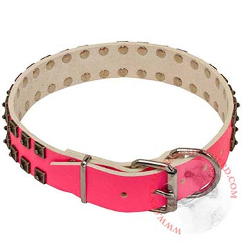 Central Asian Shepherd Pink Leather Collar for Walking She-Dogs