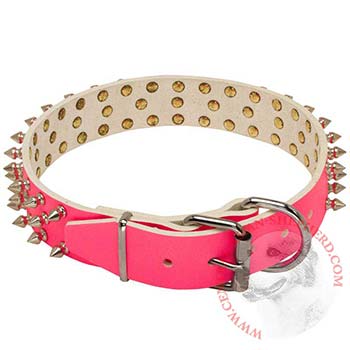 Designer Spiked Collar Made of Pink Leather