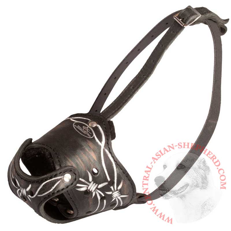 Barbed Wire Painted Leather Central Asian Shepherd Muzzle for Training