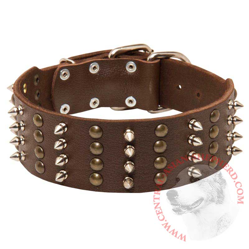 Extra Wide Leather Spiked and Studded Central Asian Shepherd Collar