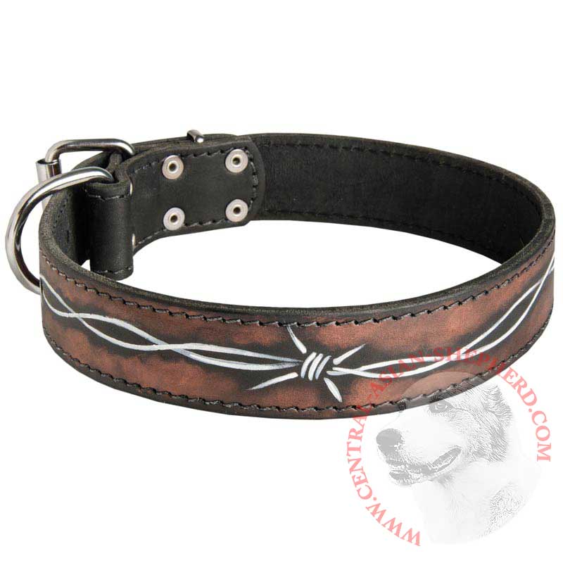 Handpainted Leather Central Asian Shepherd Collar with Barbed Wire Drawing