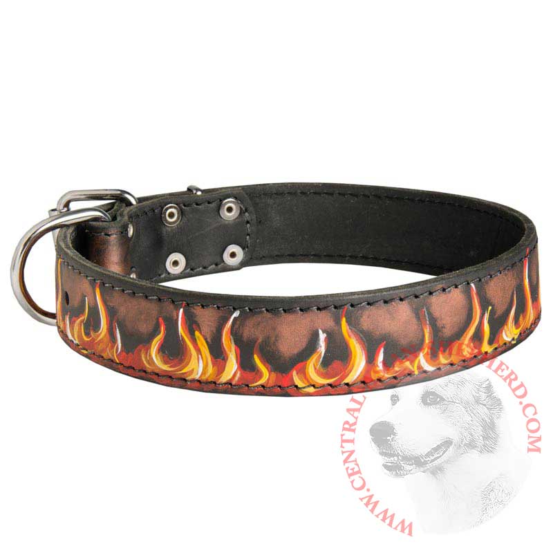 Hand Painted Leather Central Asian Shepherd Collar with Red Flames