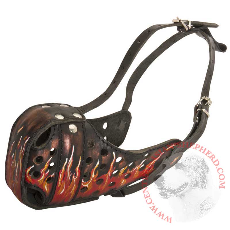 Burning Fire Hand Painted Leather Central Asian Shepherd Muzzle for Attack Training