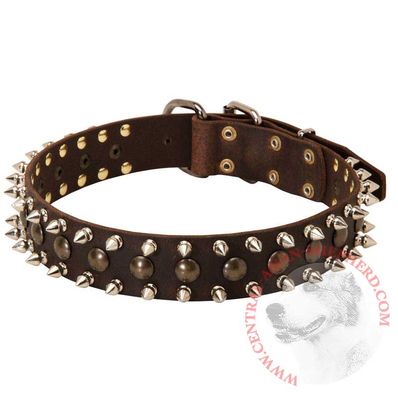3 Rows Leather Spiked and Studded Central Asian Shepherd Collar