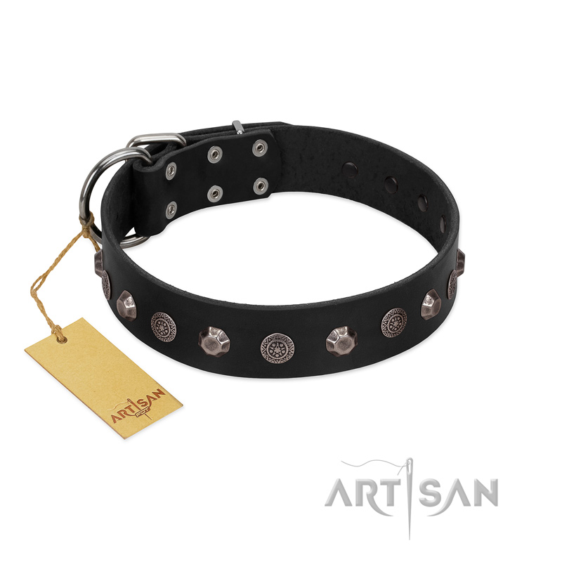 "Black Knight" Handmade FDT Artisan Black Leather Central Asian Shepherd Collar with Silver-Like Studs