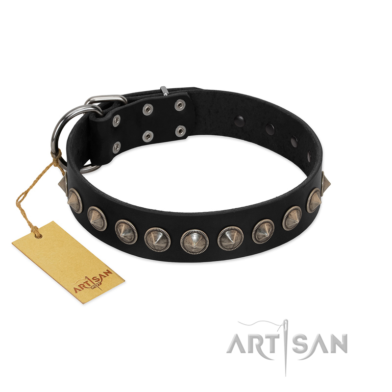 "Black Eagle" Handcrafted FDT Artisan Black Leather Central Asian Shepherd Collar with Silver-Like Adornments